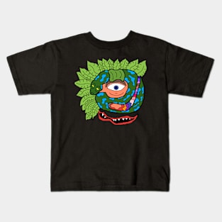 pixel art one eye snake with leaves Kids T-Shirt